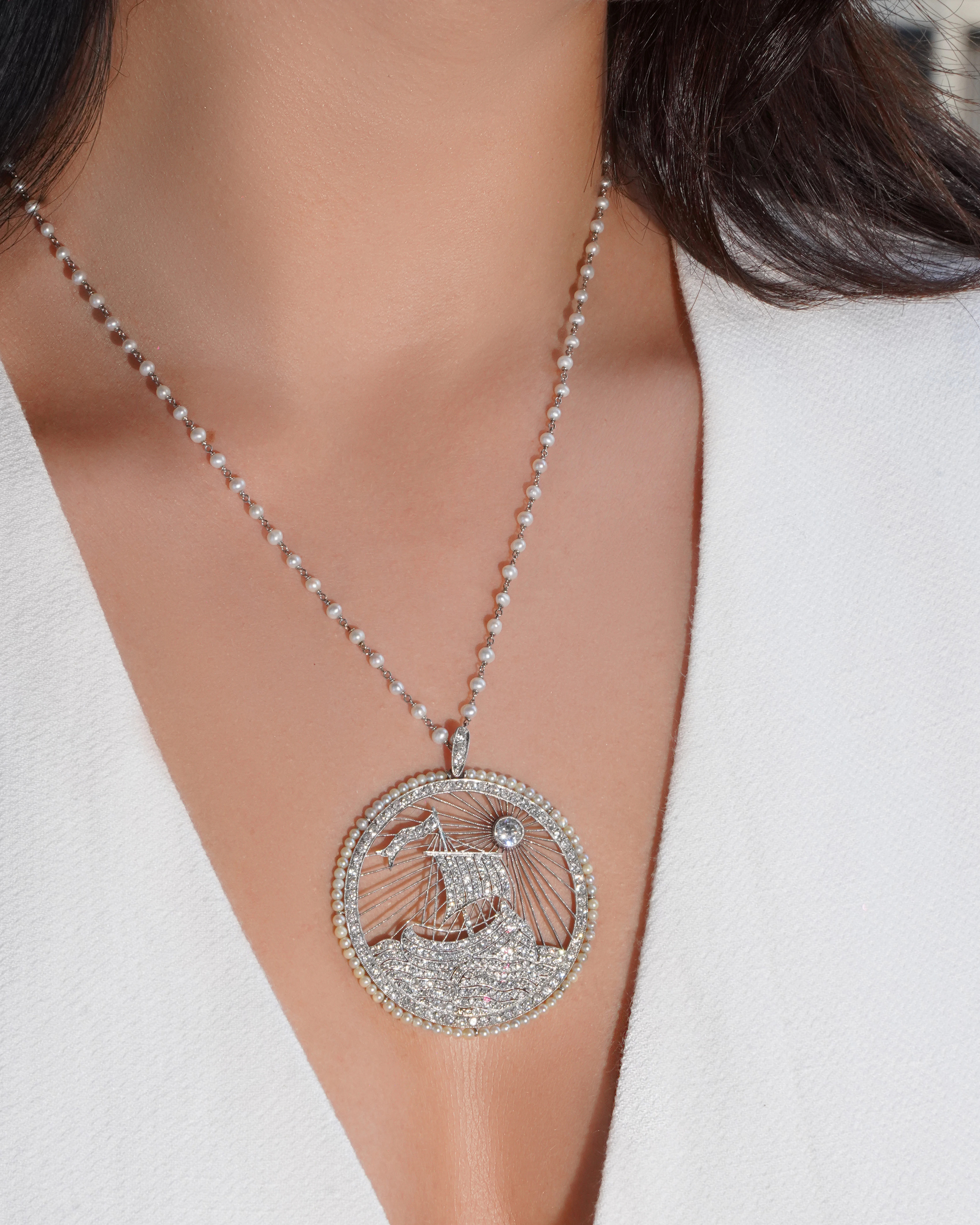 Art Deco Pearl seeds & Diamond sailing boat pendant